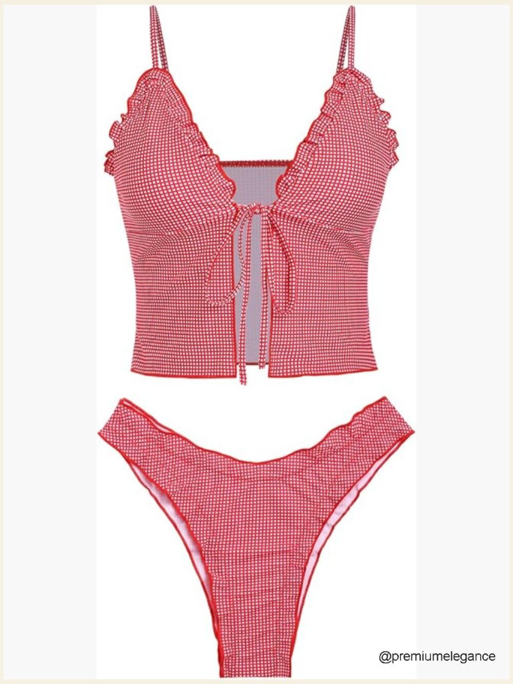 Tie Front Ruffle Tankini Set High Cut Thong Two Piece Swimsuit